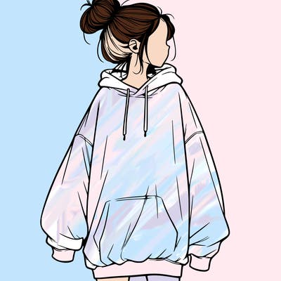 realistic girl with a oversized sweatshirt on and a bun