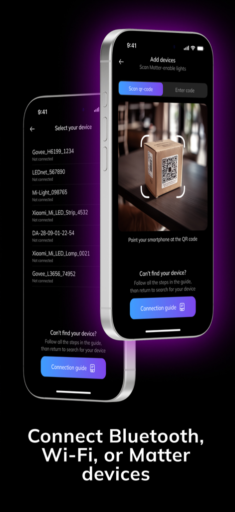 LED Light: Controller Remote - Two mobile screens displaying the device selection list and the QR code scanner for connecting LED lights.