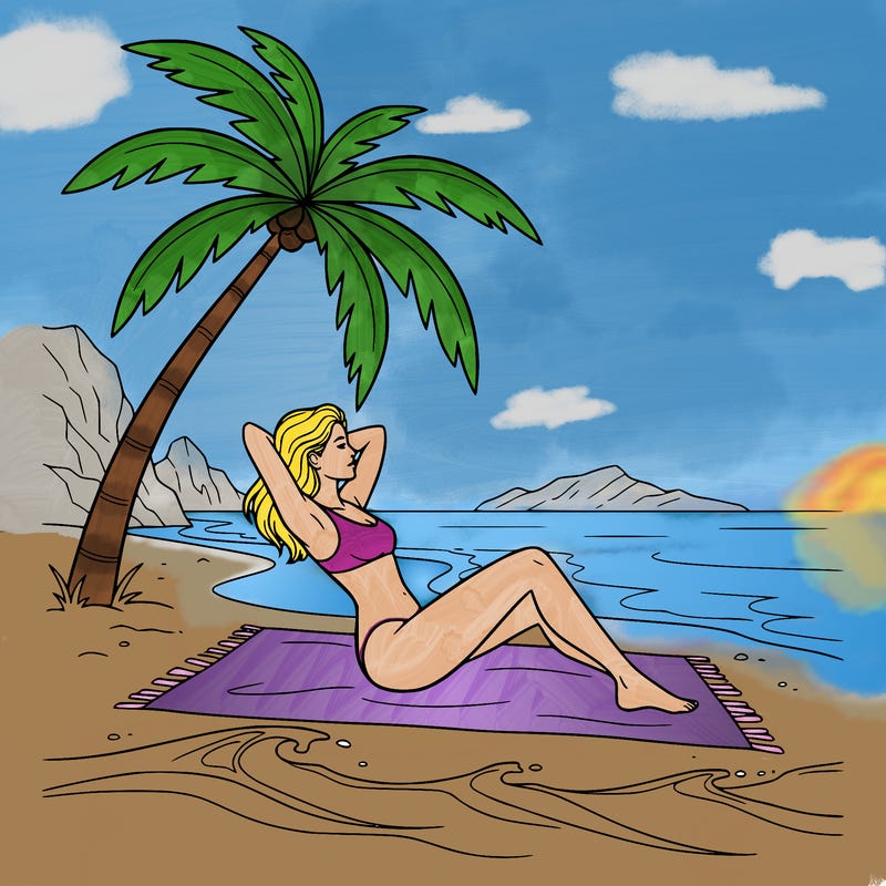 a woman sunbathing on a deserted tropical beach