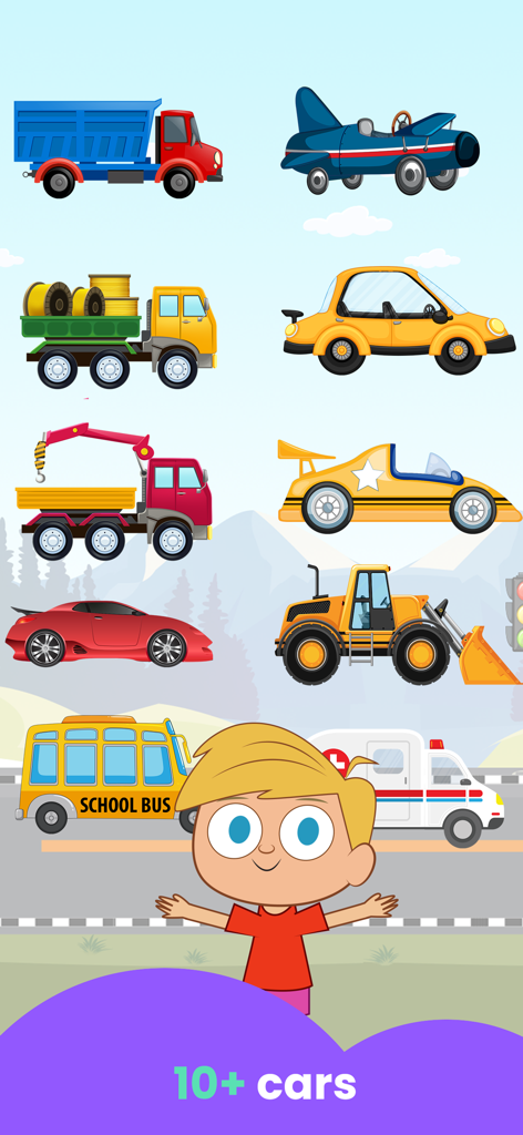 A variety of colorful toy vehicles and a cartoon character from the Car Wash Games for Kids app