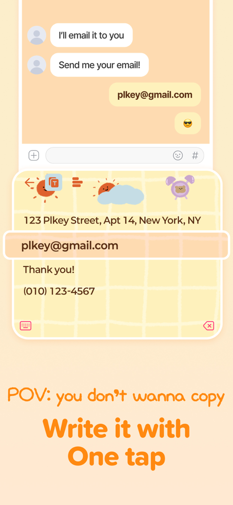 PlayKeyboard - Fonts, Emoji - Una demostración de la función de atajos personalizados de PlayKeyboard donde un usuario envía su dirección de correo electrónico con un solo toque desde un teclado con tema estético.