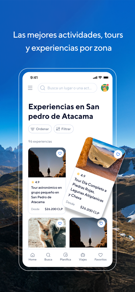 Chiletur - Interfaz de la aplicación Chiletur que muestra tours y experiencias de viaje en San Pedro de Atacama