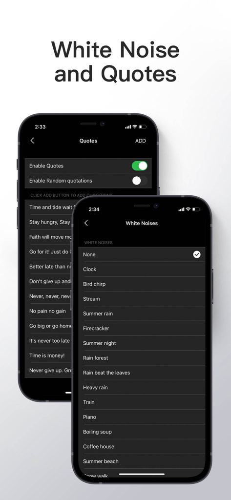 Screenshots of the DClock app displaying white noise sound selections and customizable motivational quotes.