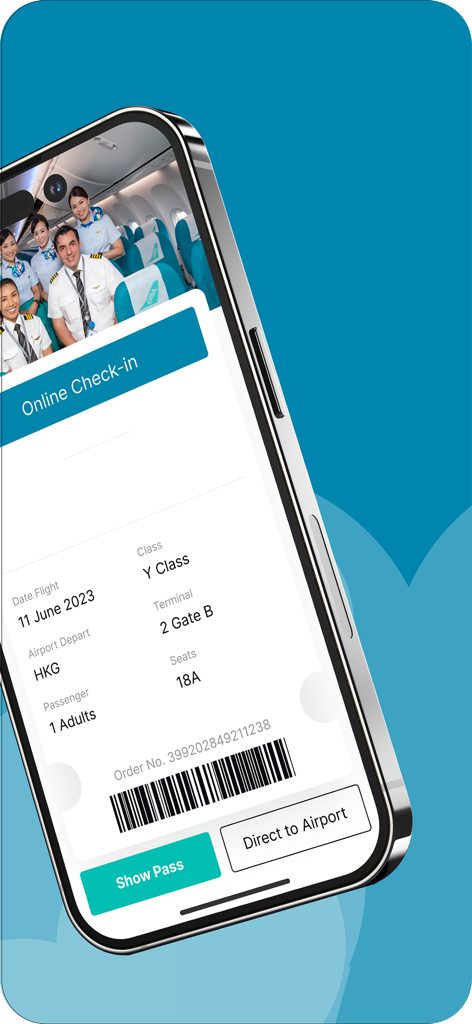 온라인 체크인 후 디지털 탑승권을 보여주는 그레이터 베이 항공 앱 화면