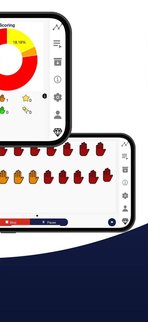 Mindfield eSense - Una interfaz de aplicación móvil que muestra datos de biofeedback con un gráfico circular e iconos de manos de colores que representan los niveles de estrés.