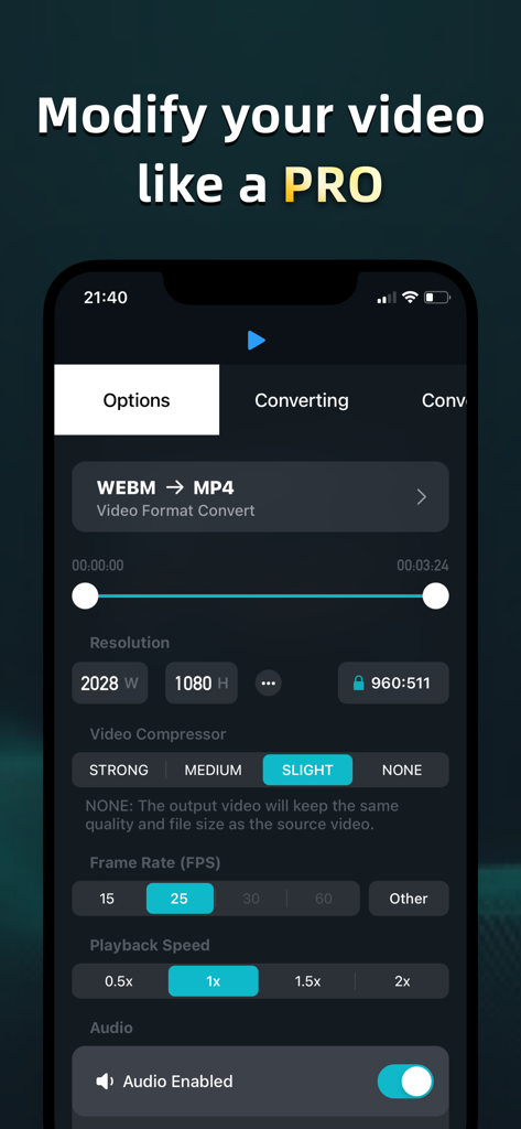 Video Converter Pro: Mov,  MP3 - 動画の解像度、圧縮、フレームレートを変更するためのモバイルアプリ画面