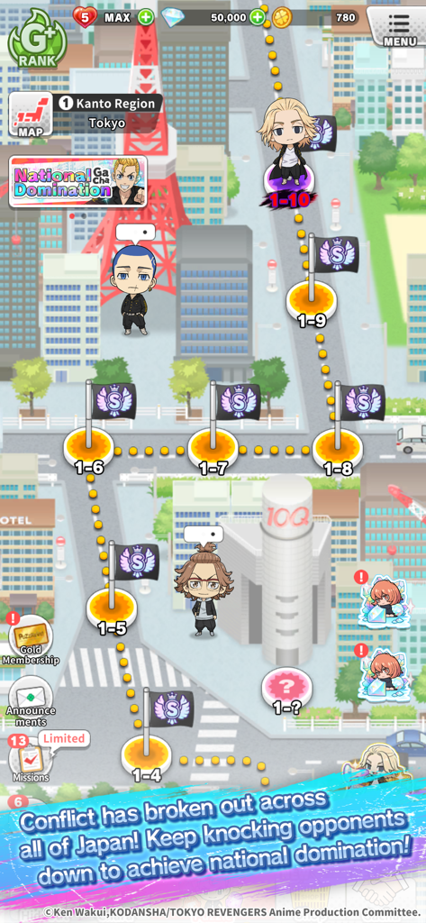 Tokyo Revengers PUZZ REVE! - A map of the Kanto region in Tokyo Revengers PUZZ REVE showing level markers and chibi anime characters