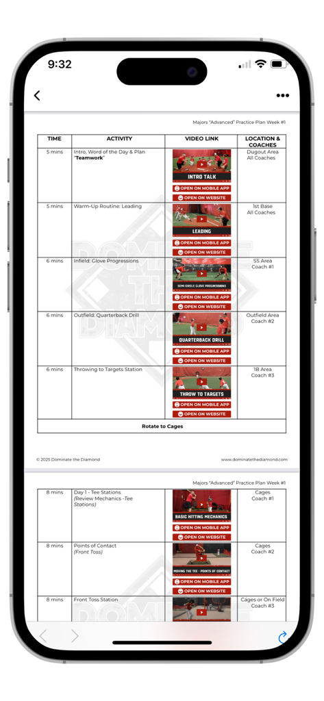 Detailed youth baseball practice plan showing timed drills and instructional video links