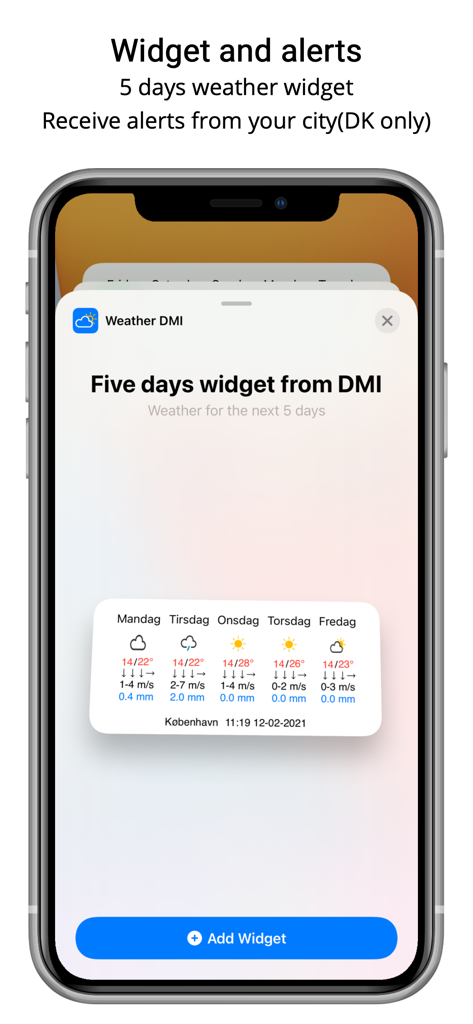 Weather from DMI and YR - Eine Vorschau des 5-Tage-Wettervorhersage-Widgets für die DMI- und YR-App auf dem iPhone