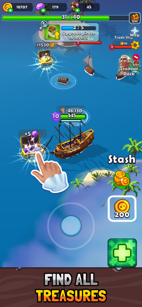 Pirate Raid: Caribbean Battle - Capture d'écran du gameplay de Pirate Raid Bataille dans les Caraïbes montrant un navire pirate collectant des coffres au trésor et des gemmes violettes.