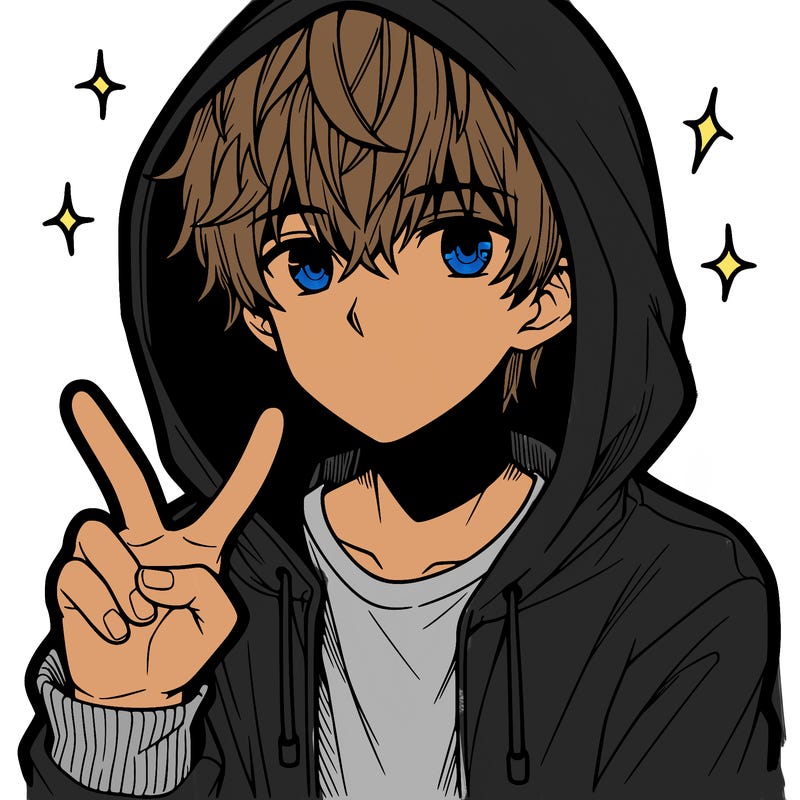 teenage manga boy in a hoodie, doing ✌