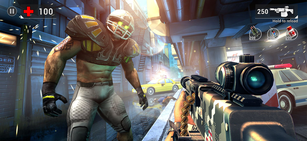 First person perspective of a player aiming a rifle at a football player zombie in a city street