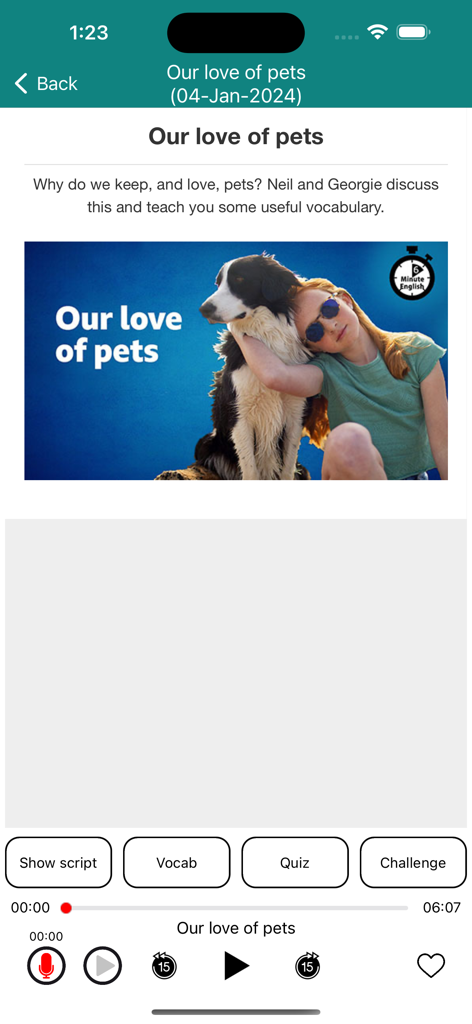 6 Minute English (+Worksheets) - English learning lesson screen about pets with audio player and study options in the 6 Minute English app