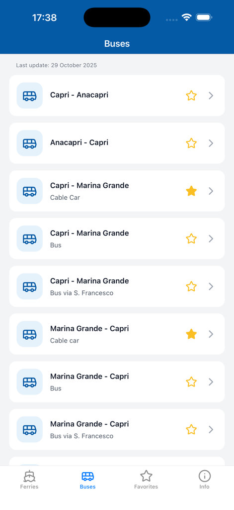Capri Schedule - Screenshot of Capri Schedule app displaying local bus and cable car route options