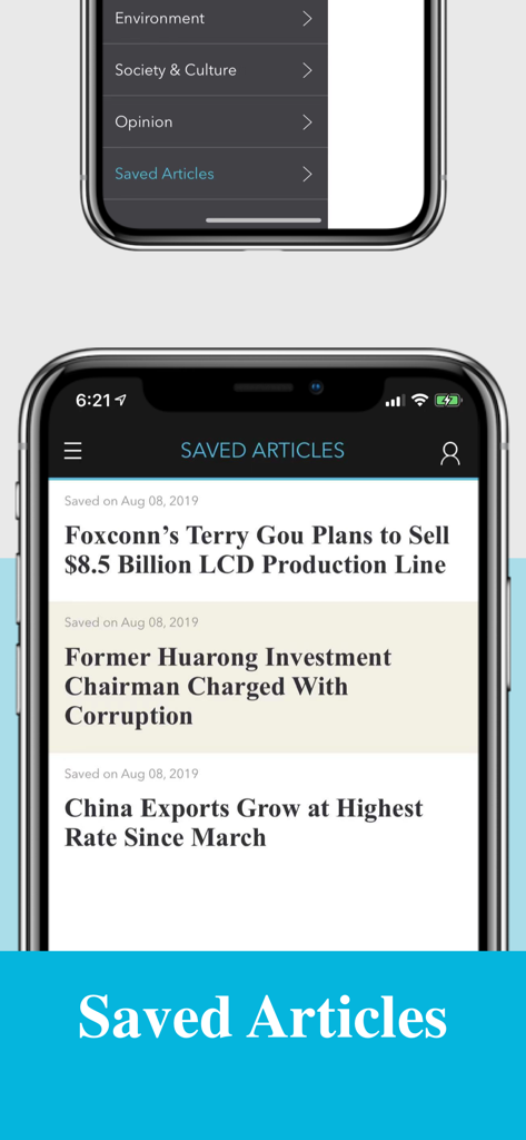 Caixin Global - The Saved Articles interface of the Caixin Global app displaying a list of bookmarked news stories about Chinese business and economy.