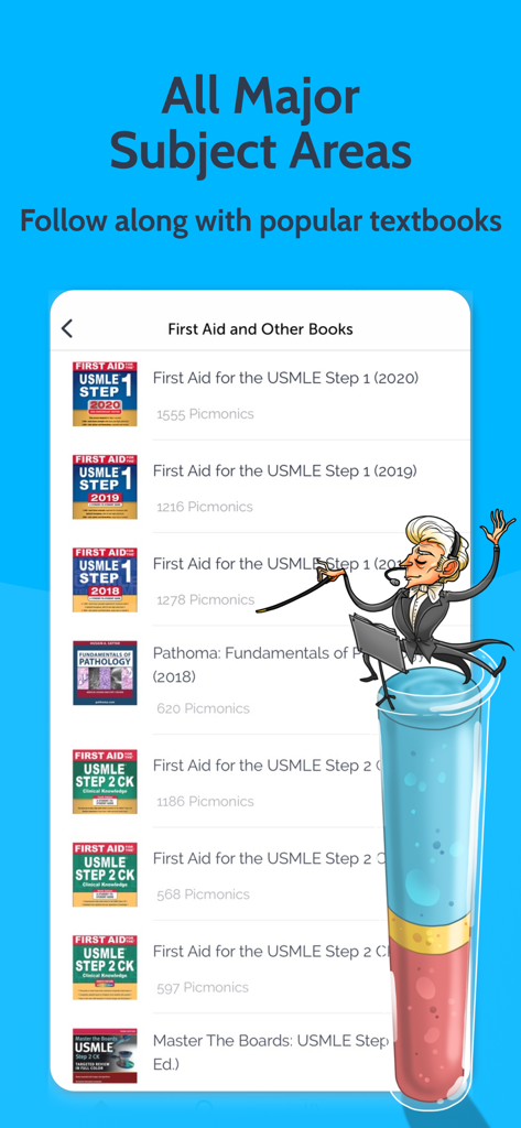 Picmonic Medical School Study - Picmonic app interface showing USMLE study guides and textbook mappings like First Aid and Pathoma