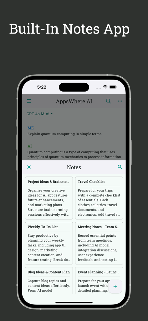 AI GPT Chat Bot - AppsWhere - AI GPT Chat Bot AppsWhere integrierte Notizen-Oberfläche, die organisierte Ordner für Projektideen und Checklisten zeigt.