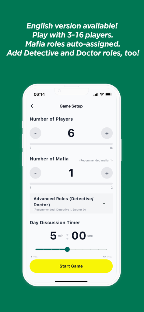Mafia Without Moderator - Game setup screen for Mafia Without Moderator showing settings for player count, mafia count, and discussion timer.