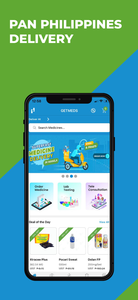 Interface do aplicativo de farmácia online GetMeds mostrando entrega de medicamentos e serviços de consulta