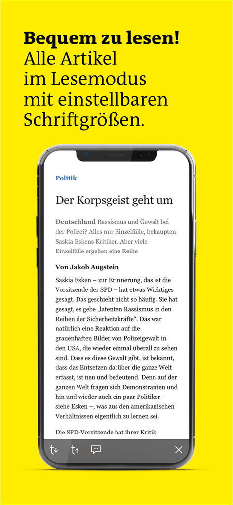 der Freitag EPaper - Smartphone zeigt einen Artikel in der der Freitag EPaper App im Lesemodus mit einstellbaren Schriftgrößen.