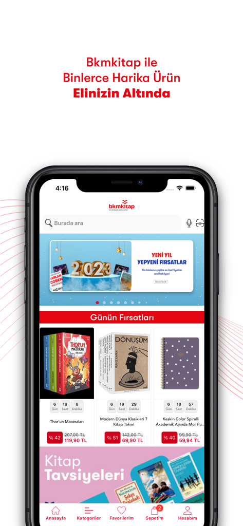 Bkmkitap - Bkmkitap shopping app interface showing Turkish books and stationery products on a smartphone