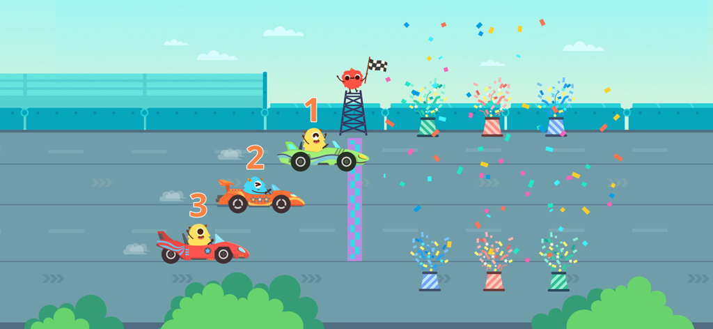 Dinosaur Math Games for kids - Monster car race showing ordinal numbers one two and three at the finish line