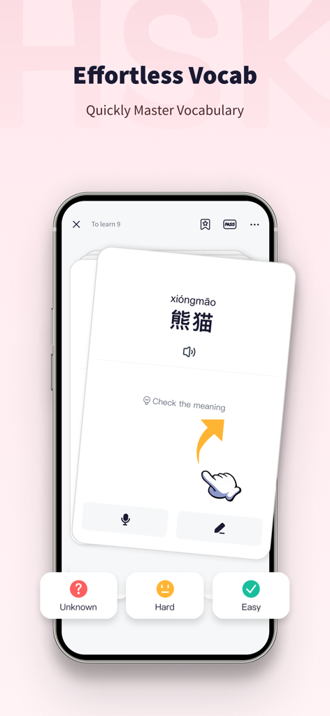 Pantalla de la aplicación TaoLiChinese mostrando tarjetas de vocabulario mandarín para el aprendizaje HSK con opciones de calificación de dificultad.