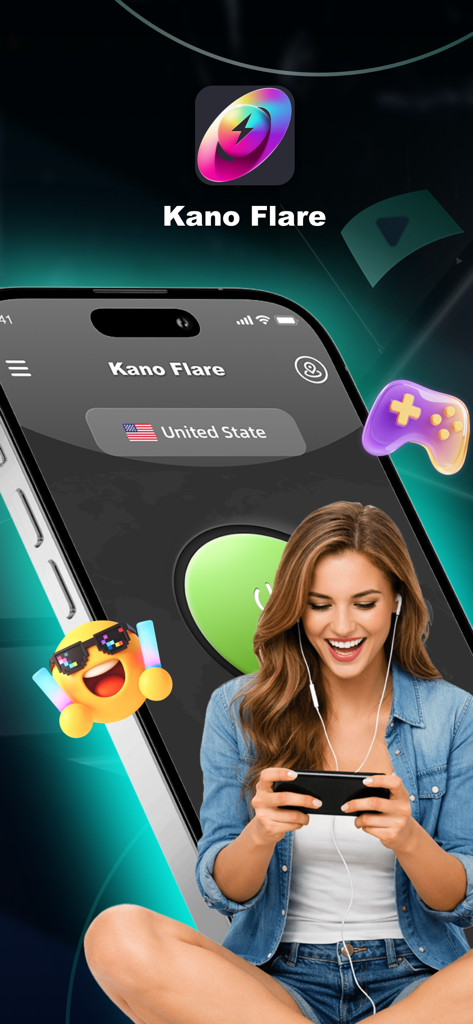 Kano Flare-Flow Glide - Mulher sorrindo enquanto usa o aplicativo Kano Flare-Flow Glide para otimização de VPN e jogos mobile