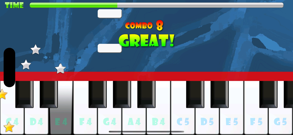 Gameplay do Piano Master FREE mostrando um teclado virtual com notas musicais caindo e feedback de combo