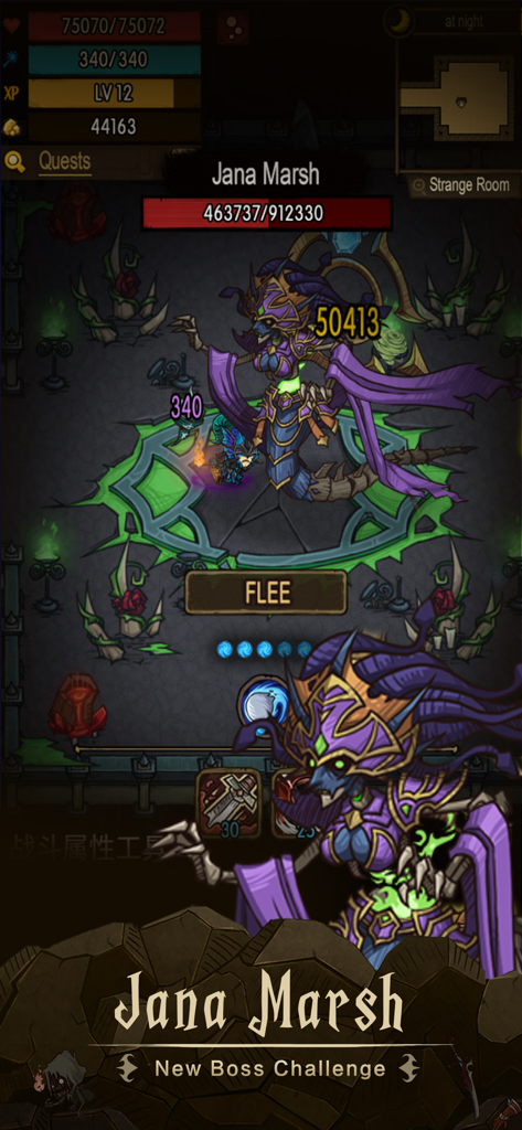 The Greedy Cave - A gameplay screenshot of a boss fight against Jana Marsh in the mobile game The Greedy Cave featuring dark fantasy art style and UI elements.