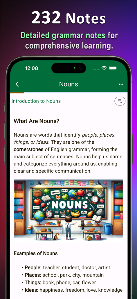 English Grammar Expert AI - A lesson screen in the English Grammar Expert AI app providing detailed notes and examples for nouns.