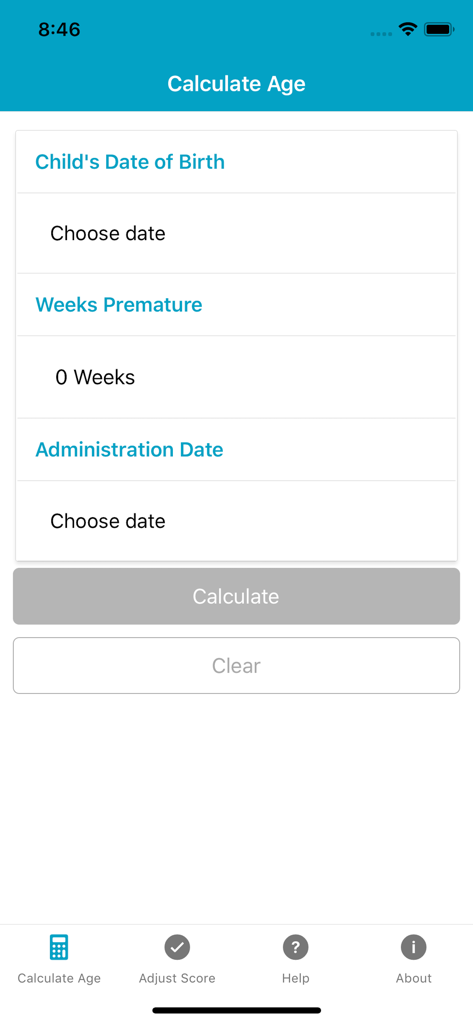 Interface for calculating child age and prematurity adjustment in the ASQ app