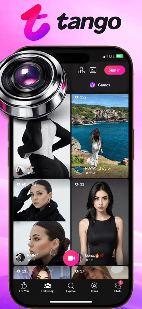 Tаngο Lιʋε:Soft Attention - Una pantalla de smartphone que muestra la transmisión en vivo y la navegación de la aplicación Tango Live Soft Attention.