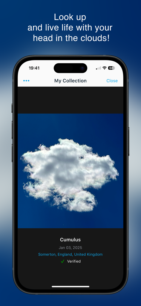 CloudSpotter app interface showing a verified photo of a Cumulus cloud in the user's collection.