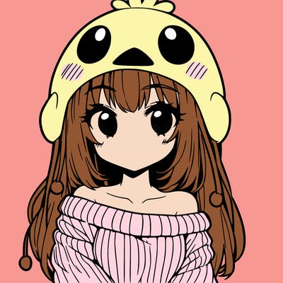 anime girl with chick shaped hat with sweater with bare shoulders with bangs covering them one eye with low tail