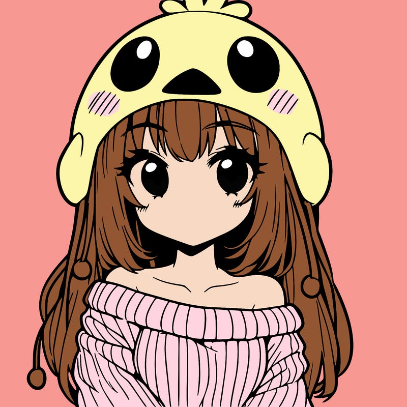 anime girl with chick shaped hat with sweater with bare shoulders with bangs covering them one eye with low tail