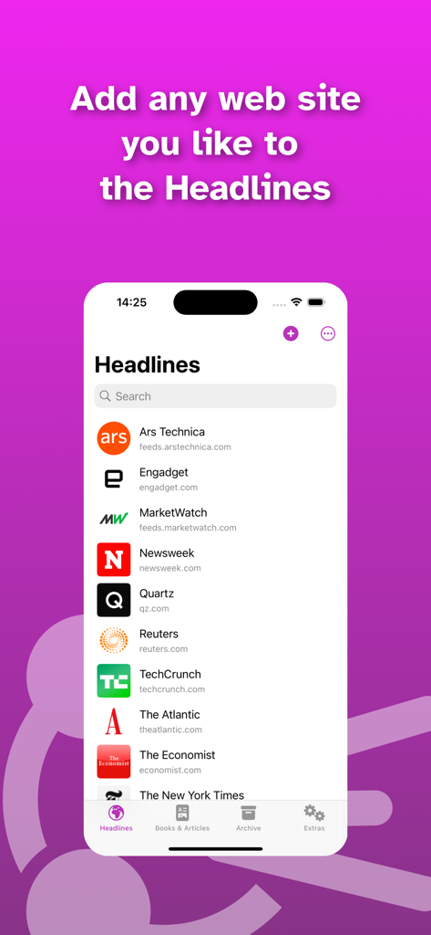 Interfaz de la aplicación Speech Central que muestra una lista de sitios web de noticias como TechCrunch y The New York Times en la sección de Titulares.