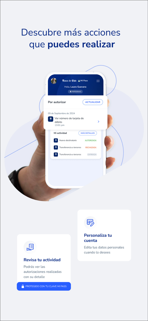 Smartphone screen showing Mi_Pass app with pending authorizations and financial activity history