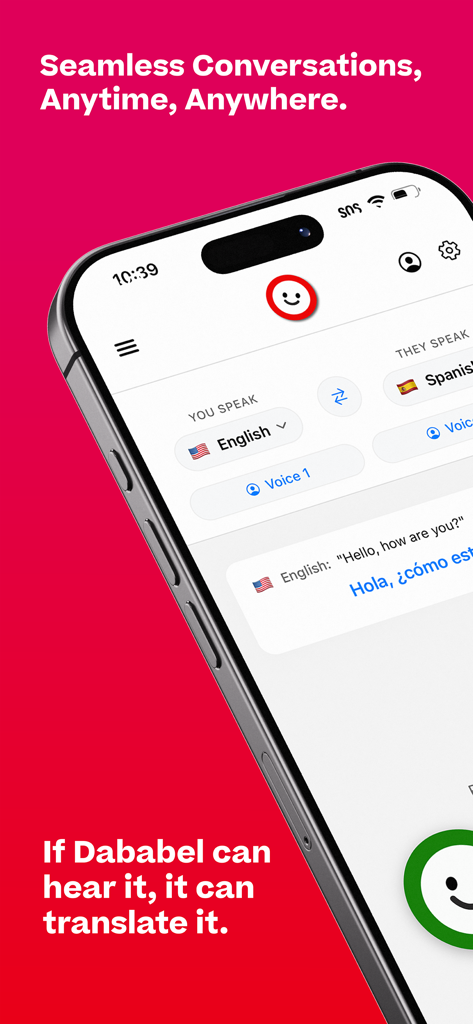 Dababel - Dababel mobile app interface showing real-time English to Spanish voice translation on an iPhone