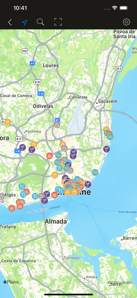 Meu Agente - A mobile app map interface displaying various travel points of interest icons across a city layout.