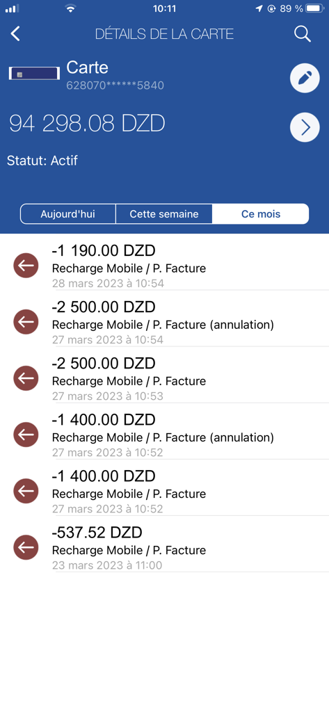 BaridiMob app screen showing card details with a balance of 94298.08 DZD and a list of recent transactions for mobile top ups