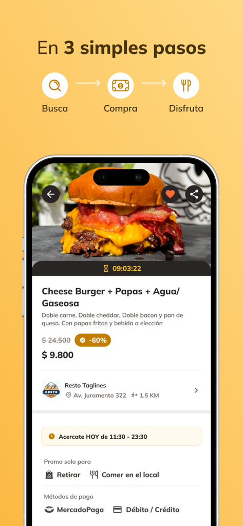 Morfy: Salí a comer ahorrando - Smartphone displaying a sixty percent discount on a cheeseburger meal in the Morfy app