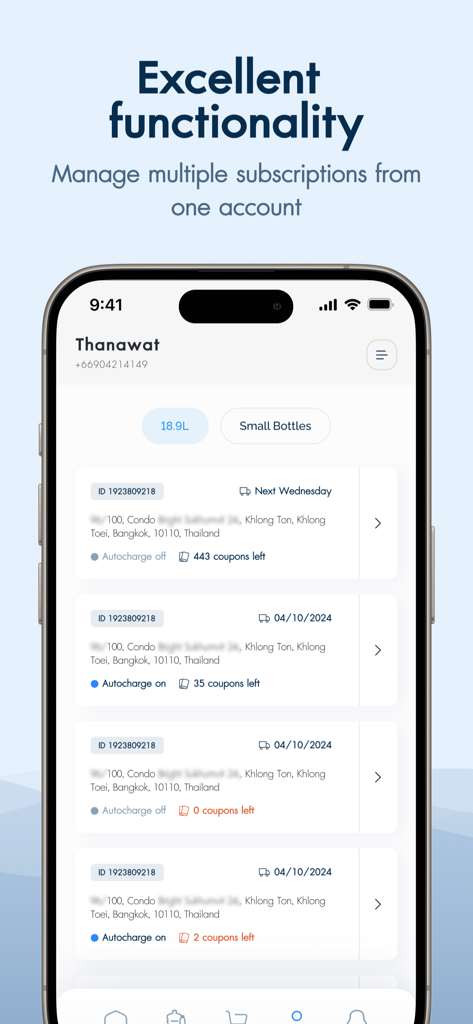 Captura de tela do Sprinkle App mostrando a tela de gerenciamento de assinatura com múltiplos endereços e horários de entrega