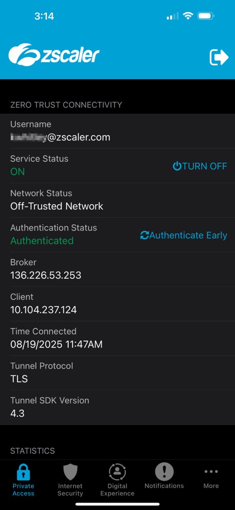 Zscaler Client Connector - Screenshot der Zscaler Client Connector App, die den aktiven Zero-Trust-Konnektivitätsstatus und die Service-Details anzeigt.