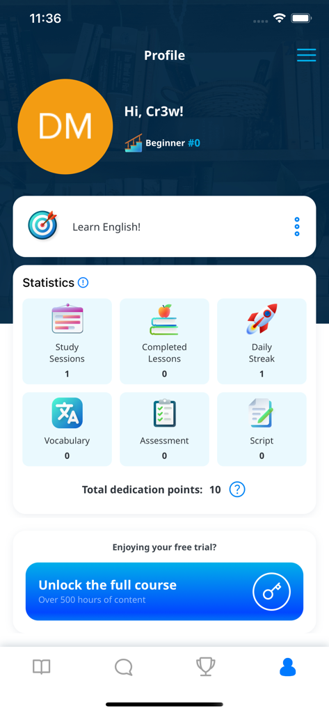 LinguaLift - LinguaLift app user profile screen displaying learning statistics and progress tracking.