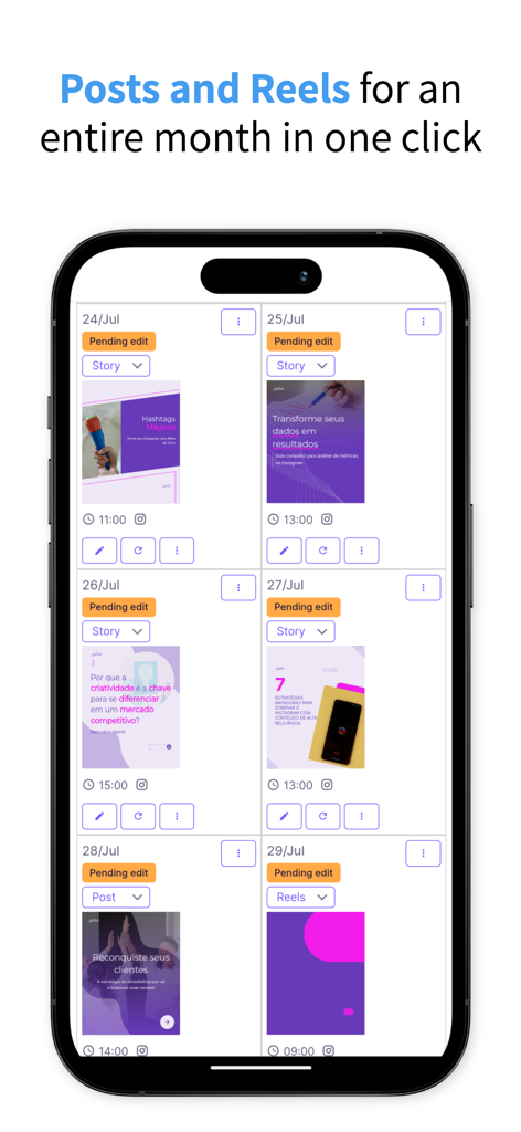 Smartphone screen showing the GalilAI app content calendar with scheduled social media posts and reels