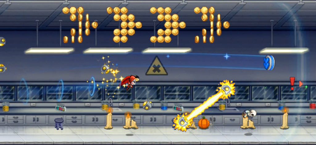 Barry Steakfries che vola attraverso un laboratorio schivando laser elettrici e raccogliendo monete in Jetpack Joyride.