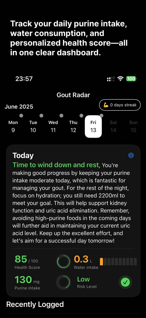 Gout Radar app interface displaying daily purine intake, water consumption, and health score stats
