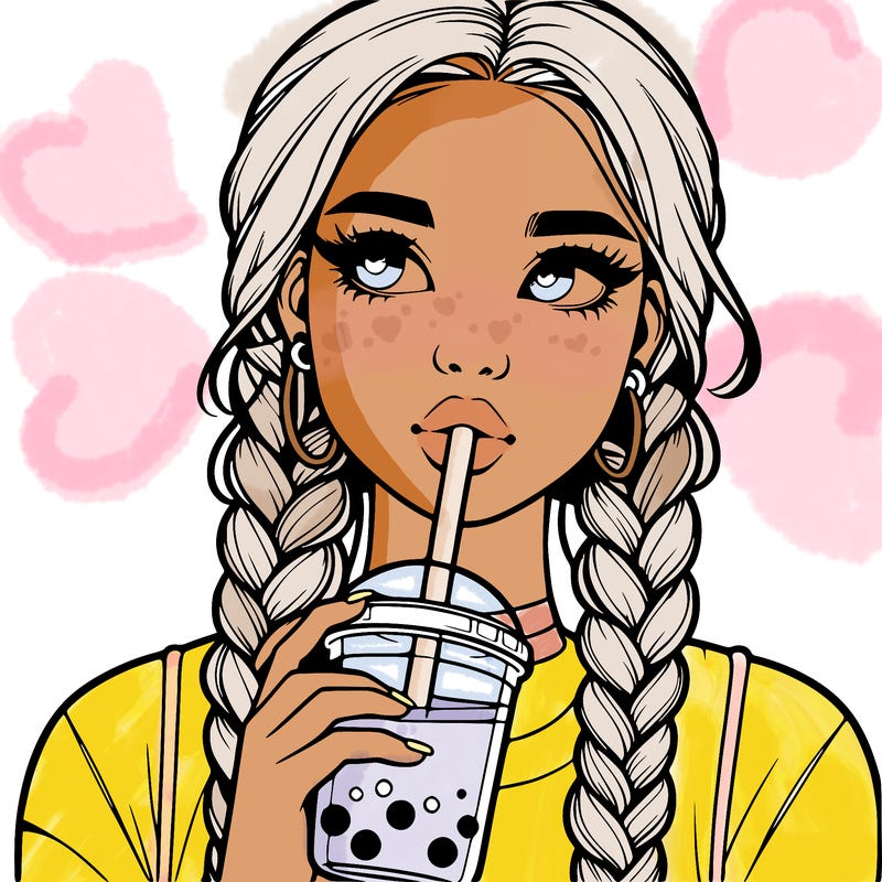 realistic girl with braided hair drinking boba