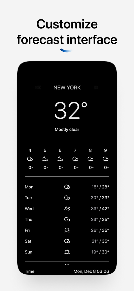 Interfaz de pronóstico meteorológico limpia y minimalista en modo oscuro para Nueva York
